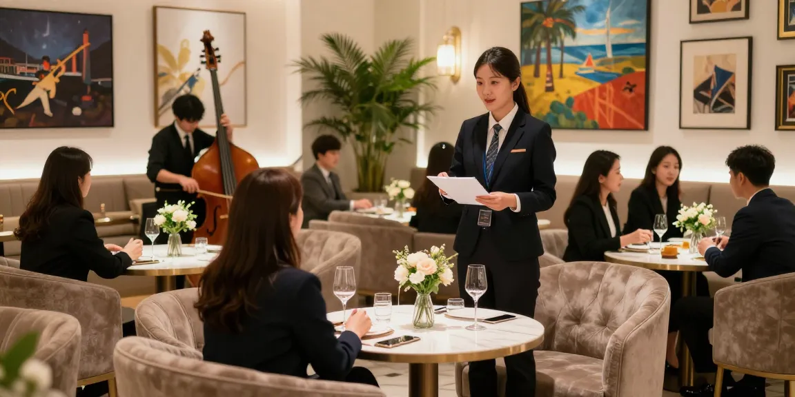 강남블랜딩의 고급스러운 라운지 공간에서 고객과 소통하는 매니저의 모습.