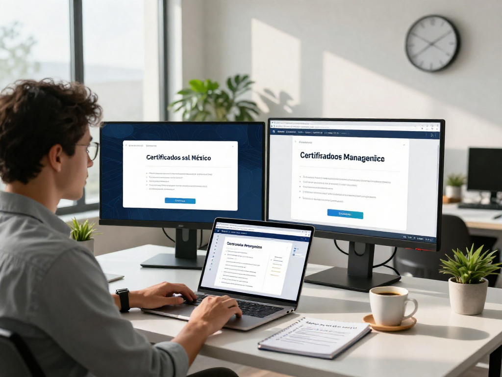 Cybersecurity specialist managing certificados ssl en México in a modern workspace with dual monitors and coffee.