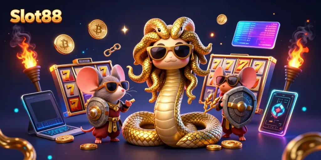 Ilustrasi Medusa yang ramah dan tikus pejuang di depan mesin slot Slot88, memikat dengan koin Bitcoin dan Ethereum.