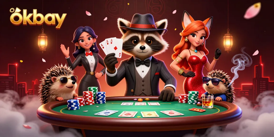 Experience exciting poker action at okbay with a charming raccoon and friends enjoying the game.