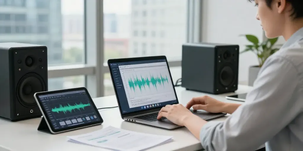 Professional using affordable AI voice recording transcription software in a modern workspace