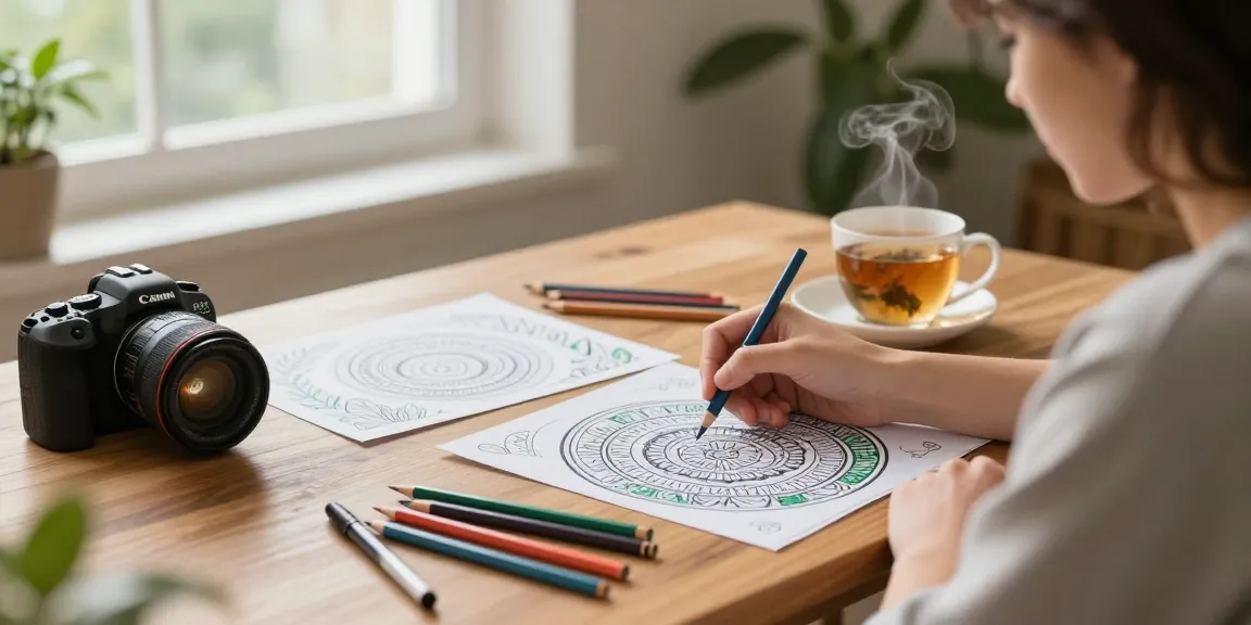 Coloring for stress relief in a cozy home setting, featuring colored pencils and intricate designs.