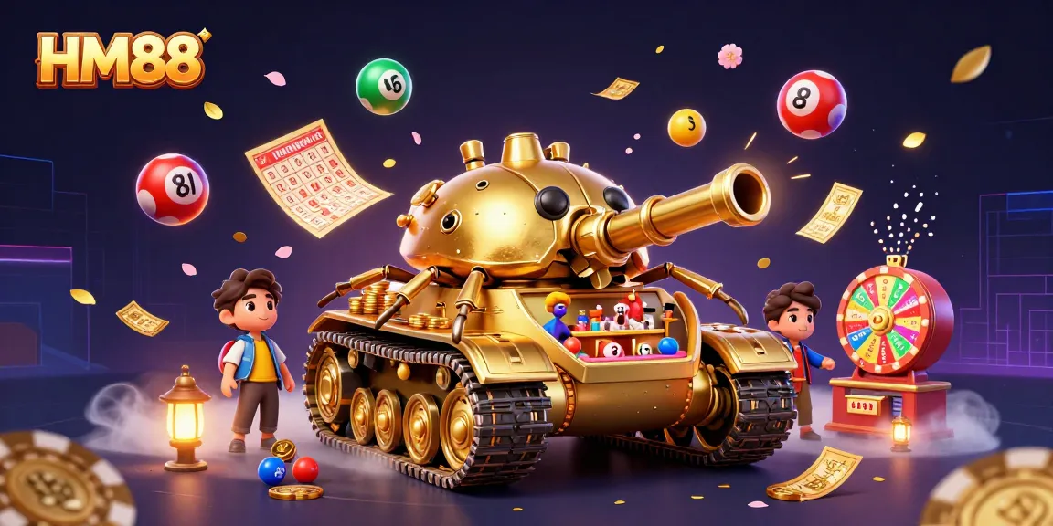 Experience excitement at HM88 with a vibrant scene of a golden beetle tank casino shooting coins and confetti.