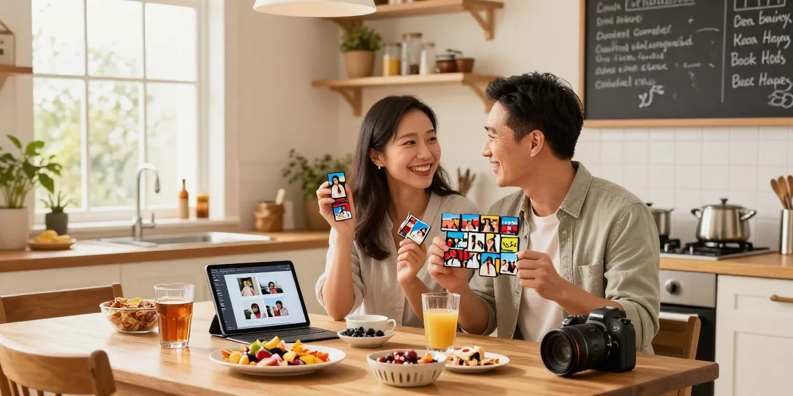 Custom photo magnets displayed in a cozy kitchen, celebrating love and memories.