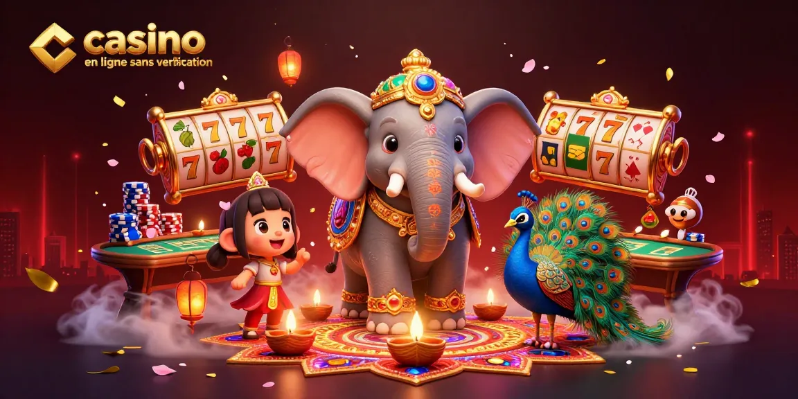 Jouez à casino en ligne sans verification avec un éléphant Diwali coloré dans une illustration vibrante.