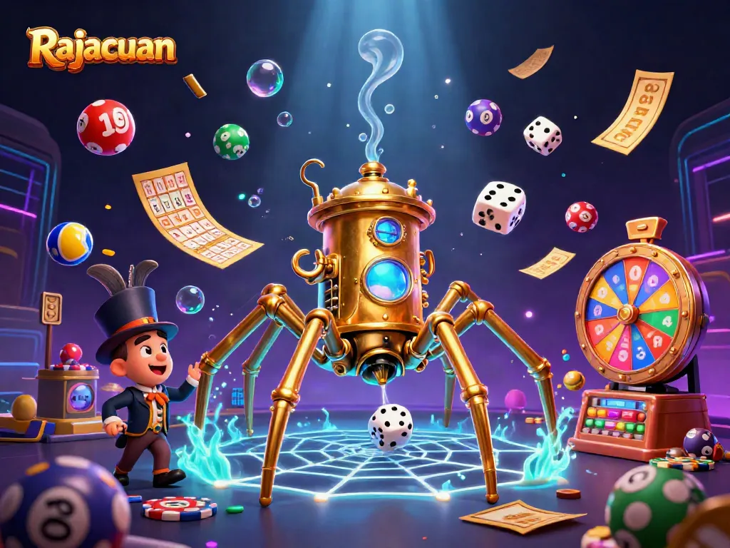 Engage with Rajacuan's dynamic slots casino experience featuring a golden spider web and colorful game elements.