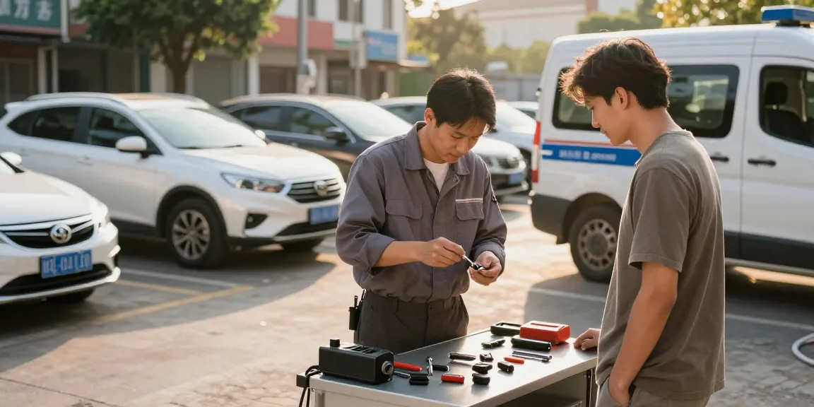 Autosleutel kwijt? Reliable auto locksmith technician creating a new car key in an urban setting.