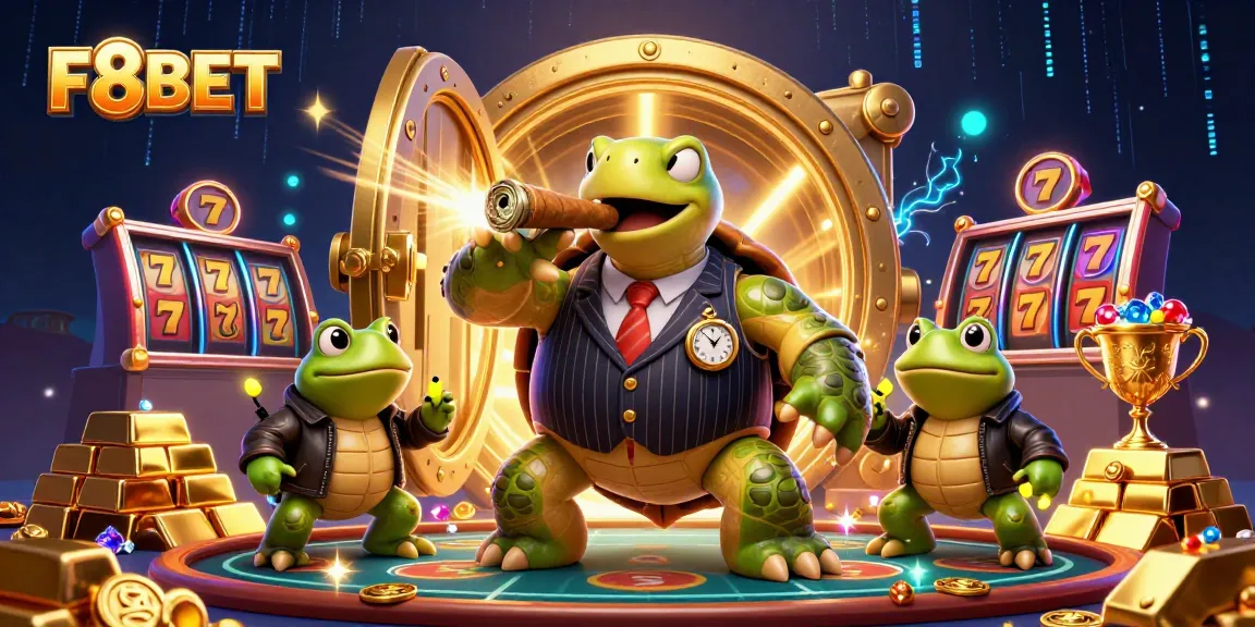 Experience the thrilling world of F8BET with a dynamic 3D cartoon illustration of a suave turtle and bullfrogs amidst a treasure-filled casino scene.