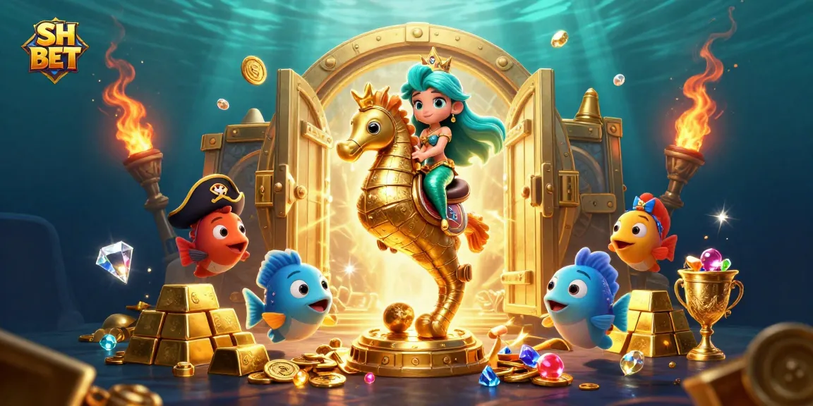 Play vibrant, engaging SH BET games with a mermaid princess and golden treasures in a lively casino scene.