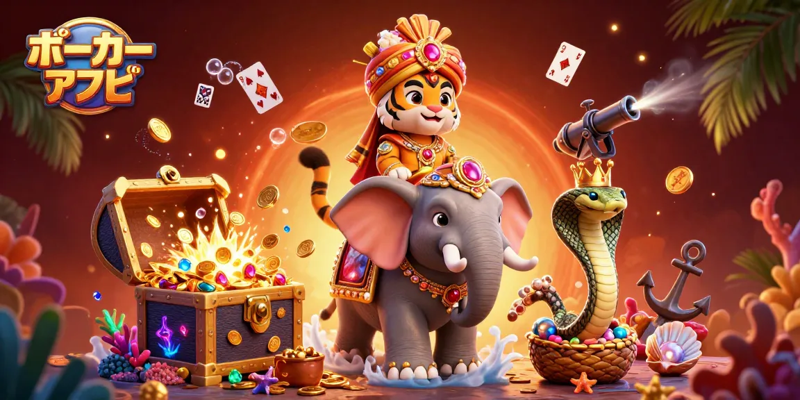 ポーカー アプリを楽しむ3Dのマハラジャトラの象の上に乗ったキャラクターがゴールドコインで満たされた宝箱の周りにデザインされています。