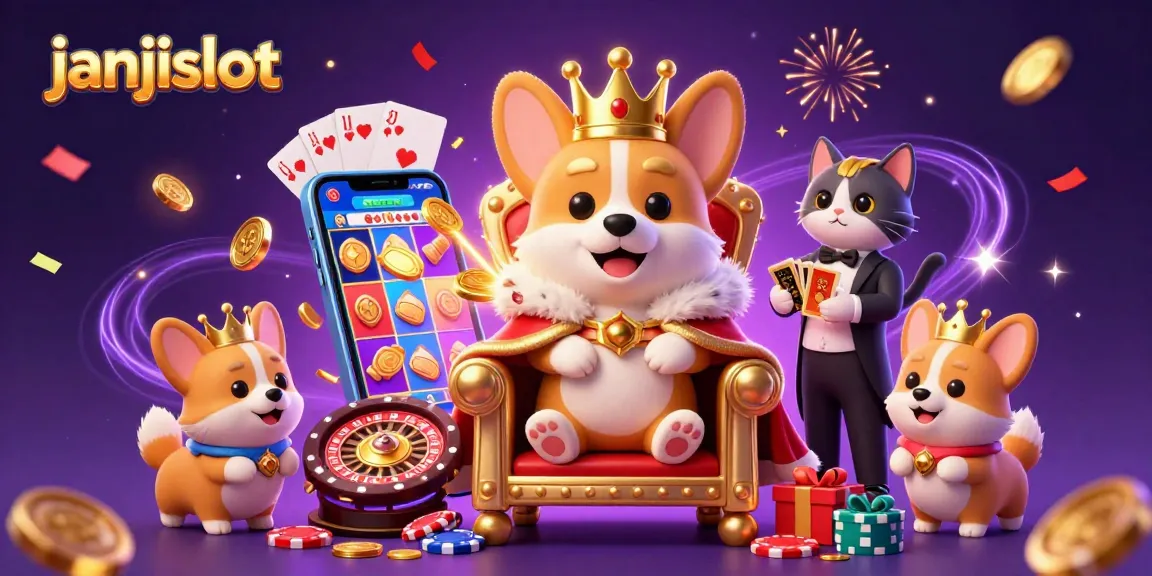 Engage with janjislot through vibrant 3D illustration of royal corgi and cat butler among slot game elements.