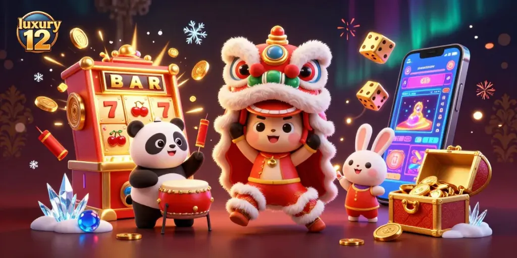 Slot jackpot mewah 12 menampilkan karakter lucu dalam pertunjukan tari singa.