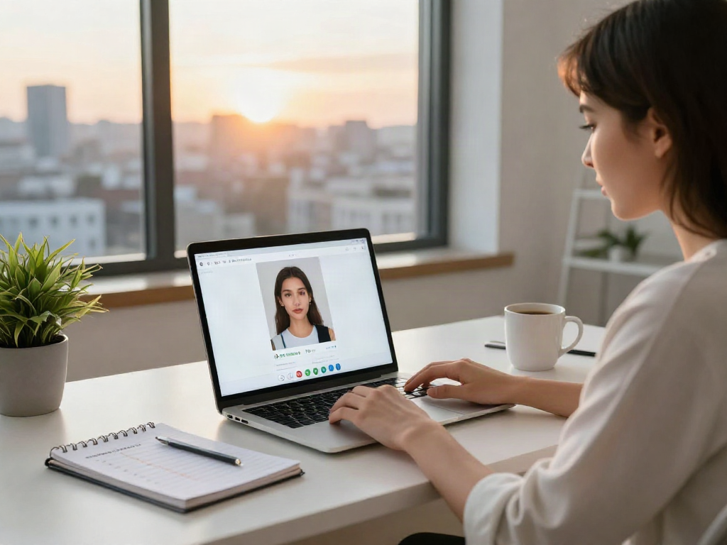 Individual engaging in an attractive test by uploading a selfie on a laptop, capturing personal beauty metrics.