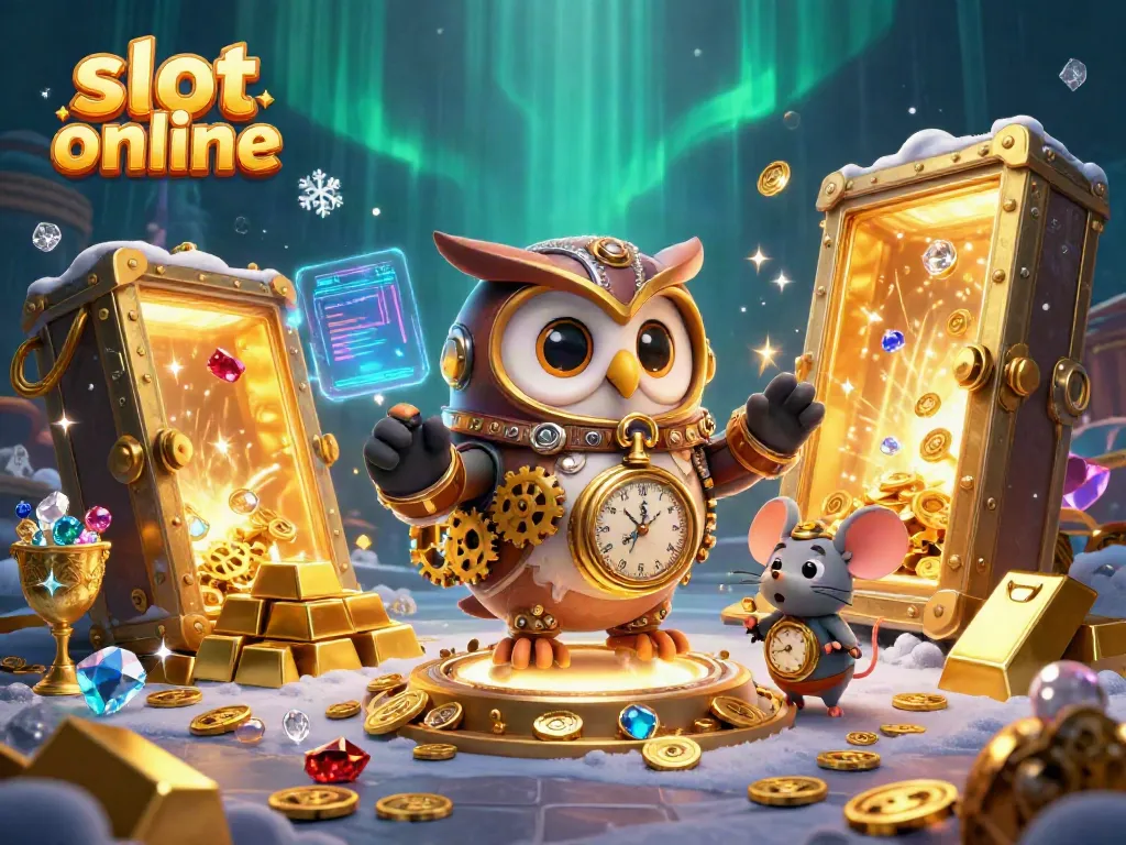 Menangkan slot online dengan tampilan karakter burung hantu steampunk dan elemen kasino modern.