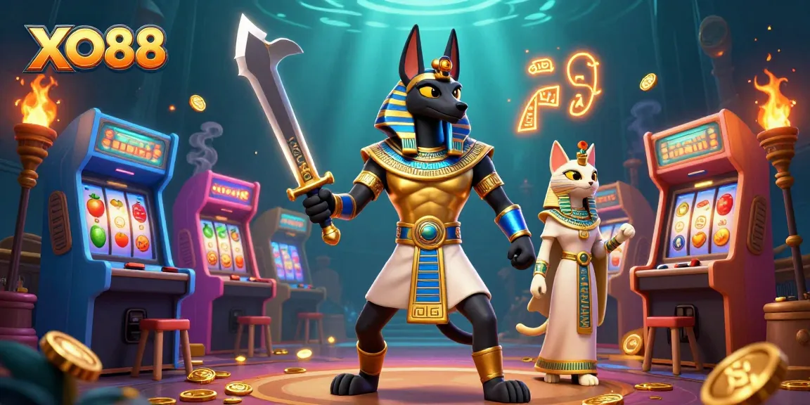 Experience exciting gameplay with XO88's vibrant slots featuring Anubis and Bastet in a rich casino scene.