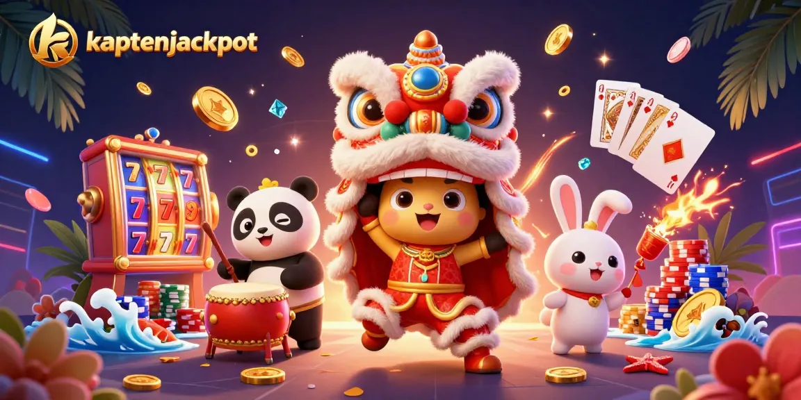 Experience the excitement of kaptenjackpot with a vibrant 3D illustration featuring slot machines and festive characters celebrating