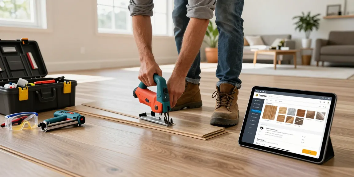 Craftsman using flooring business software during laminate installation in a modern home