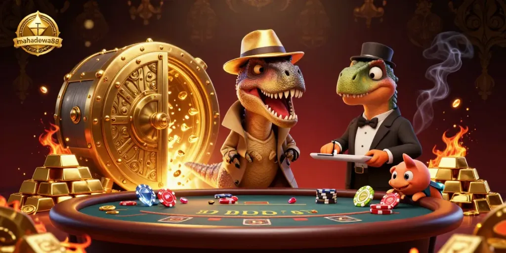 Experience the vibrant world of mahadewa88 with a velociraptor card counter at a blackjack table.