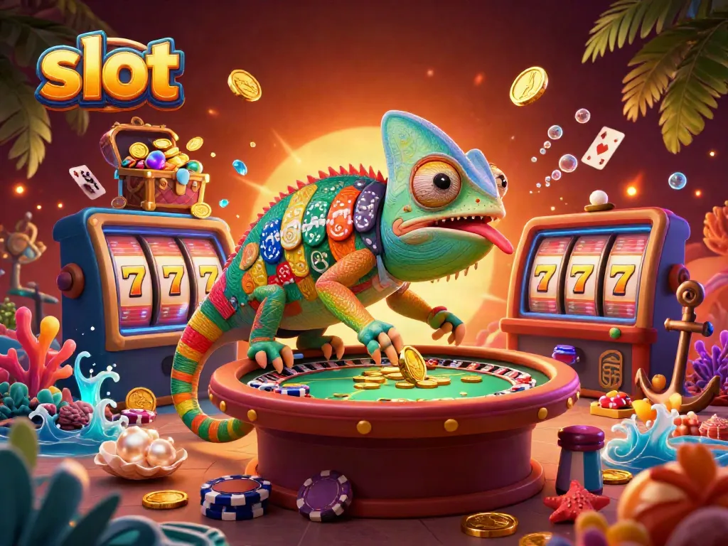 Mesin slot berwarna-warni di kasino, dengan pemilik chameleon menjaring koin emas.