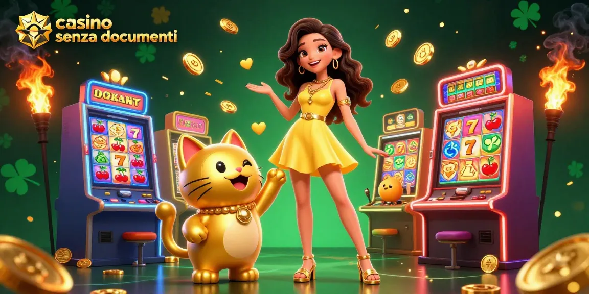 Gioca a casino senza documenti con una donna allegra e un gatto fortunato, circondati da simboli dorati.