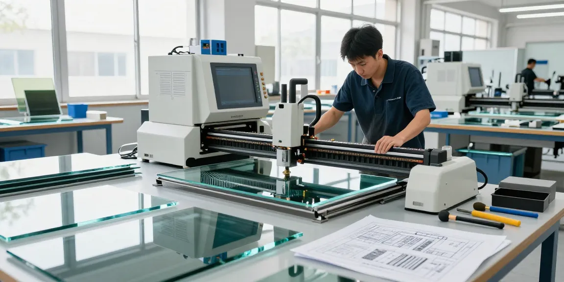 Technician using a glass cutting machine in a modern industrial setting, showcasing advanced glass processing technology.