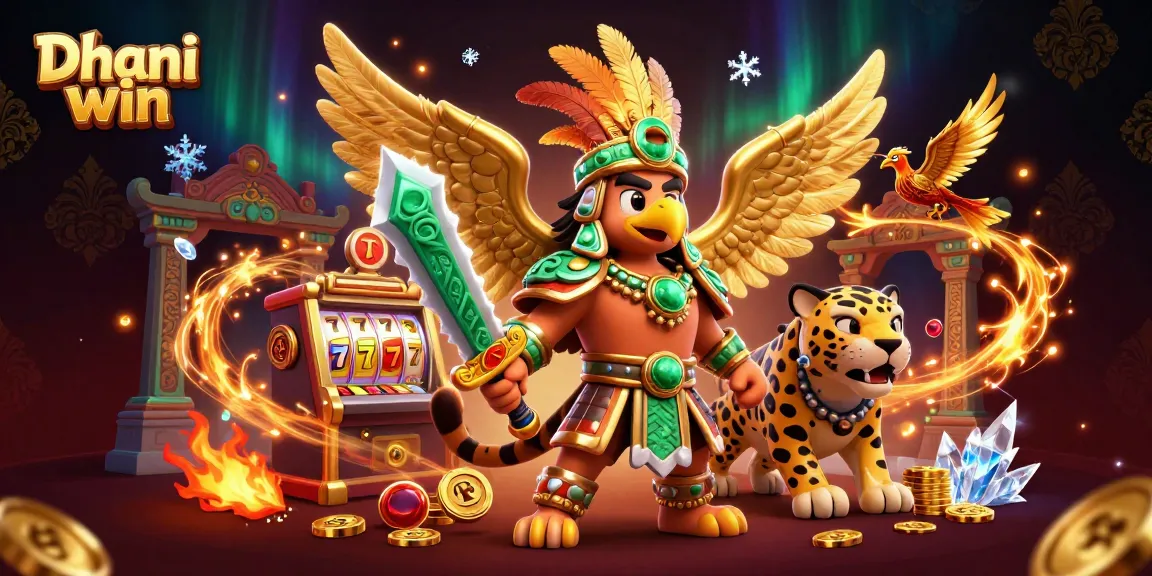 Dhani win illustrates an Aztec warrior and jaguar amid golden coins, engaging in a lively casino atmosphere.