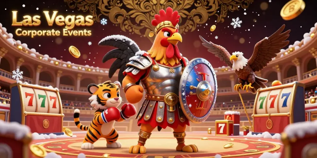 Experience Las Vegas Corporate Events with an action-packed 3D illustration showcasing dynamic gambling elements.