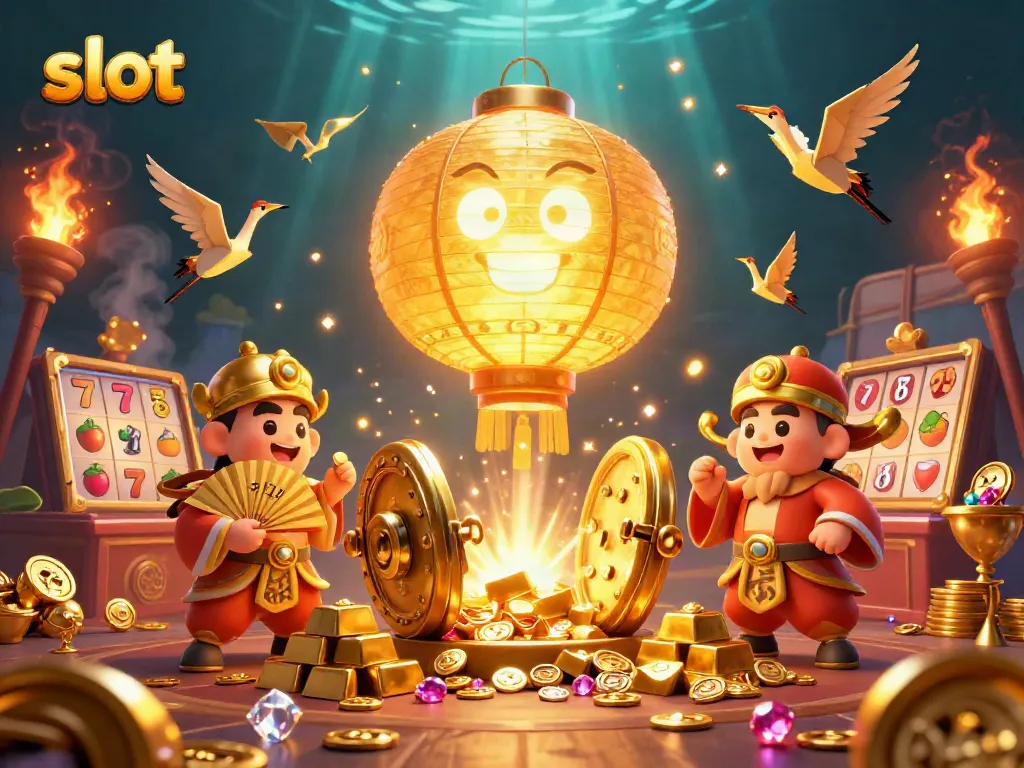 Experience thrilling jackpot slots amidst golden treasures and lucky symbols in this vibrant casino scene.