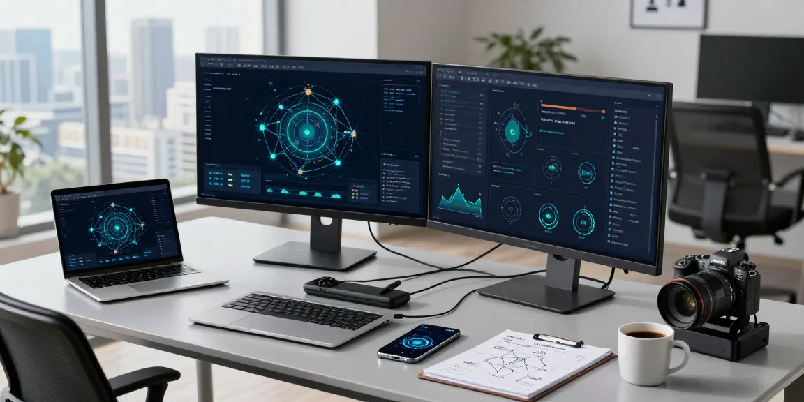 快连 network optimization software in a modern tech workspace with dual monitors and city views.