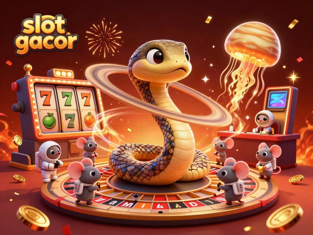 Slot gacor ditampilkan dengan ilustrasi 3D yang penuh warna dan detail, menonjolkan elemen kasino.