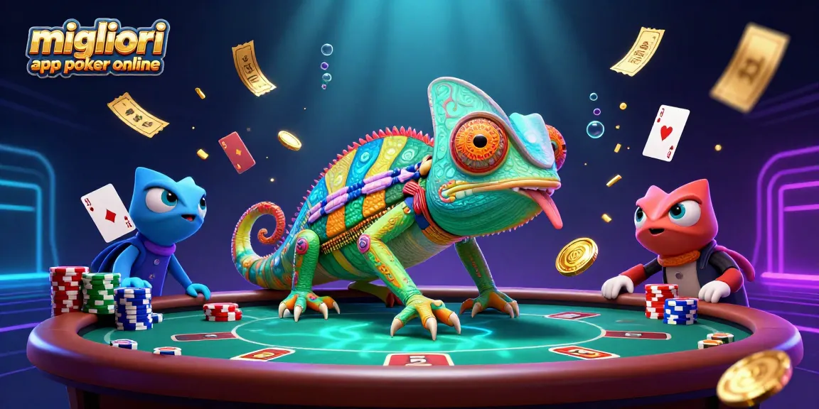Gioca con le migliori app poker online, esplorando tavoli dinamici e chip colorati in una scena vivace.