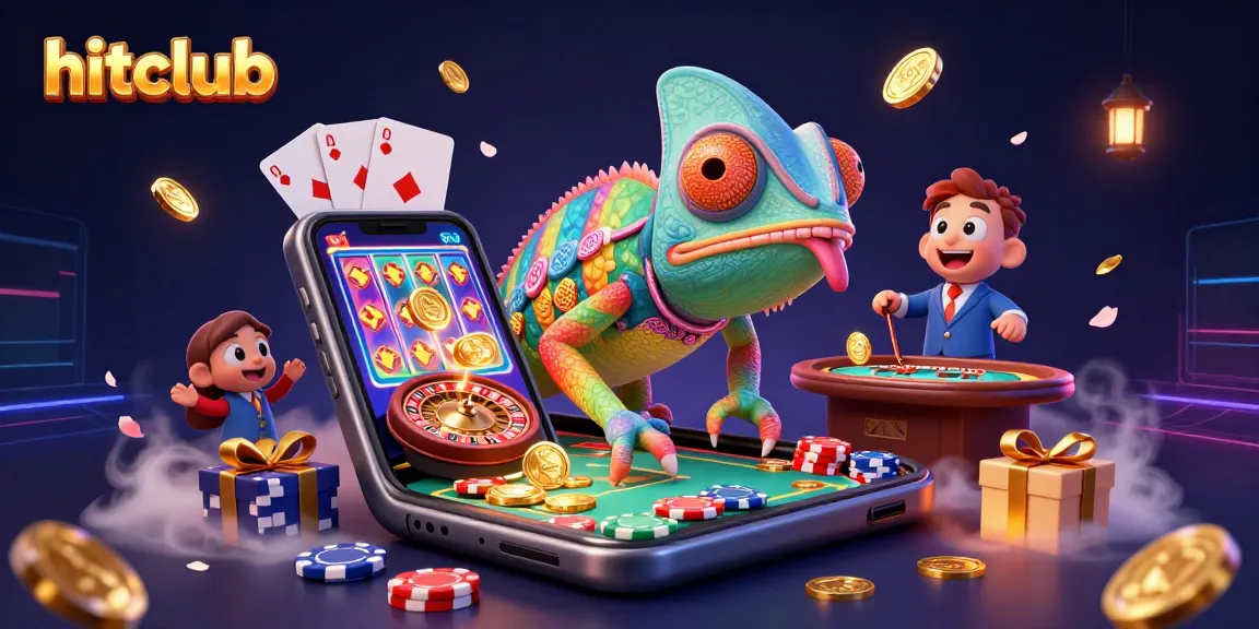 Hitclub chameleon casino owner captures golden coins in a vibrant gaming scene.