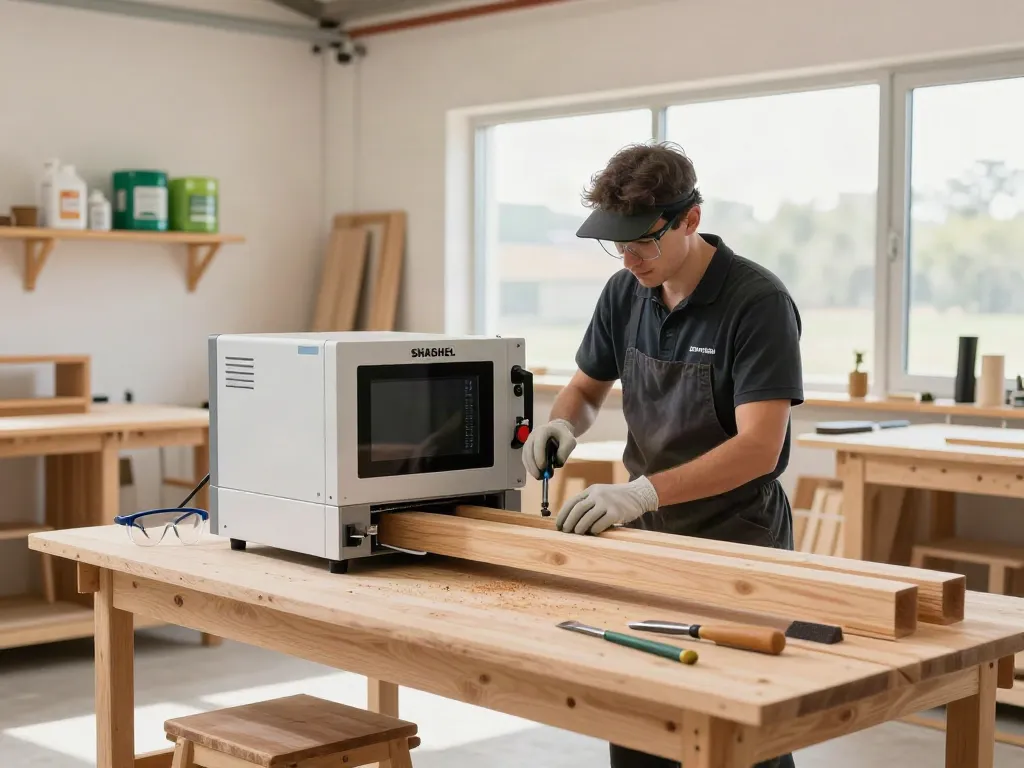 SHASHEL® technician effectively using microwave technology for eco-friendly woodworm treatment in a modern workshop.