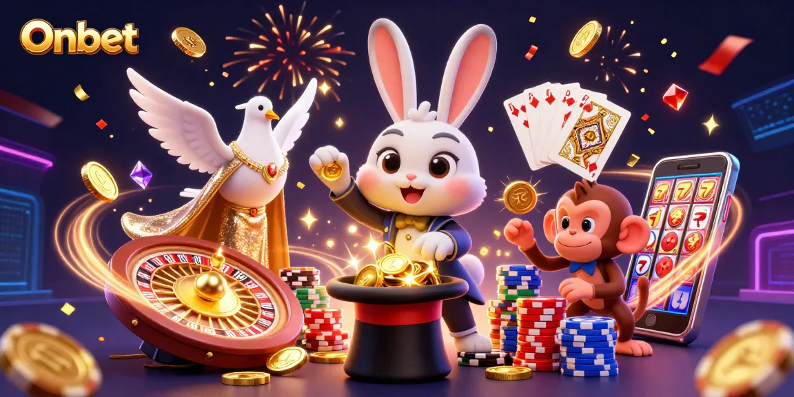 Experience the excitement of Onbet with a 3D cartoon scene of a magician rabbit pulling golden coins in a vibrant casino.