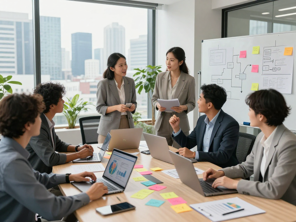 A collaborative team meeting at https://koperasisantun.com/ in a modern corporate office, showcasing innovative brainstorming.