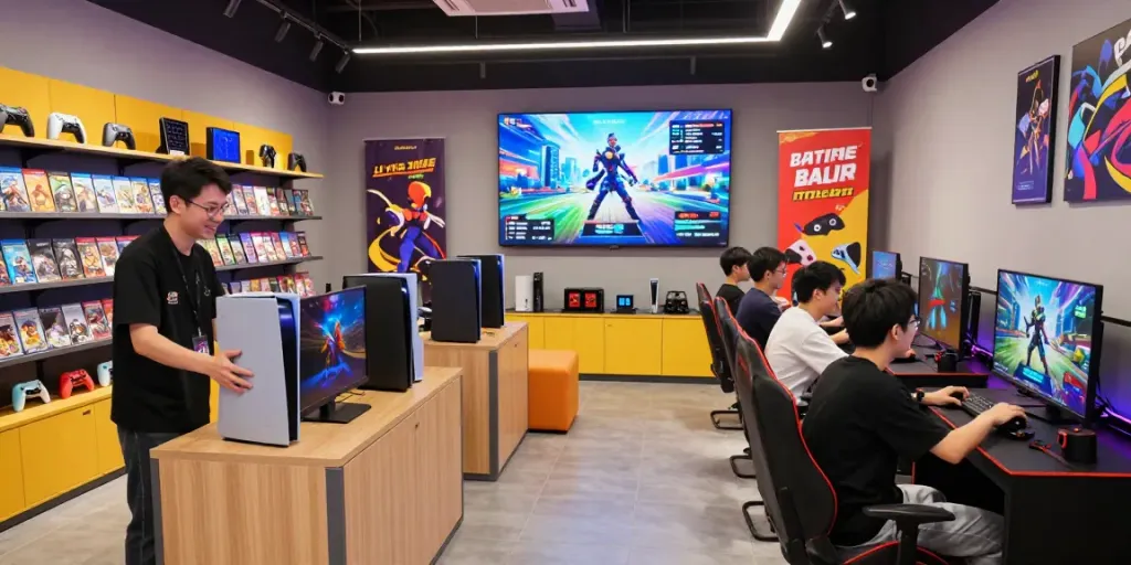 rokok88 gaming store scene with staff helping customers choose consoles and games