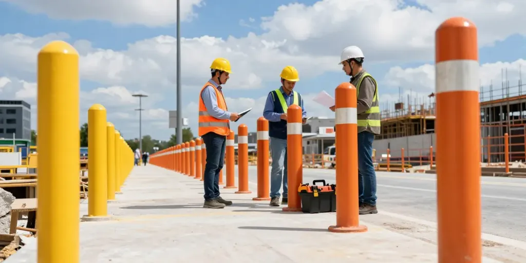 Safety bollards lining pathways at a construction site ensuring worker safety and organization.