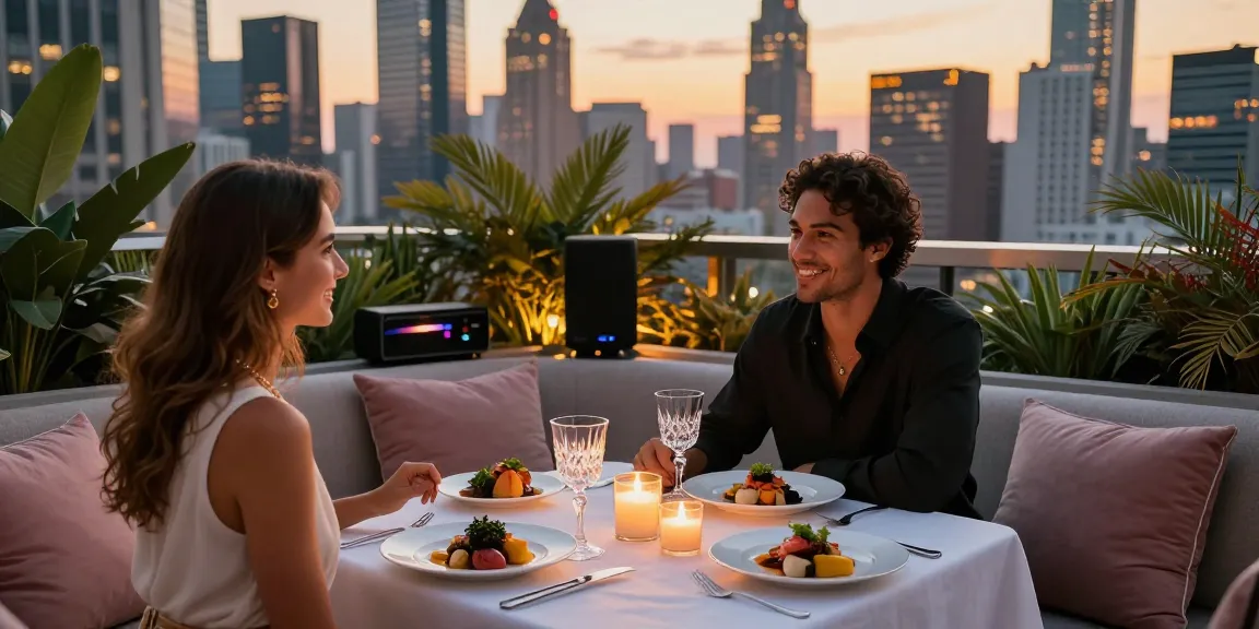 Pengalaman mewah dengan luxury111 di teras rooftop menawan, pasangan menikmati makan malam elegan.