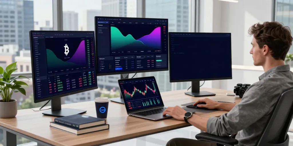 Real-time crypto API workspace featuring multiple digital devices and tools for cryptocurrency trading and data analysis.