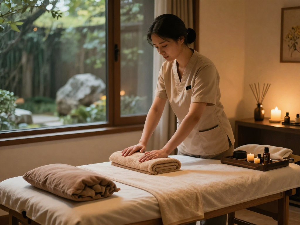 출장마사지 session setup with warm oils and calming atmosphere in a hotel.