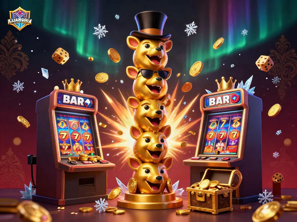 Permainan slot KIJANGWIN yang menyenangkan dengan simbol jackpot dan totem berwarna cerah, penuh koin dan cahaya.