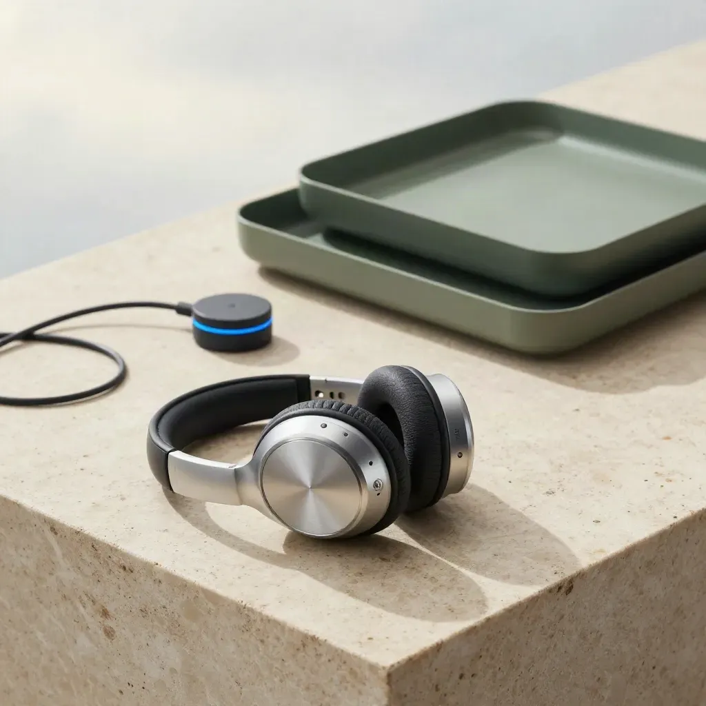Brushed headset, inbox trays, cable loop and routing puck on pale limestone in soft rain-lit studio light.