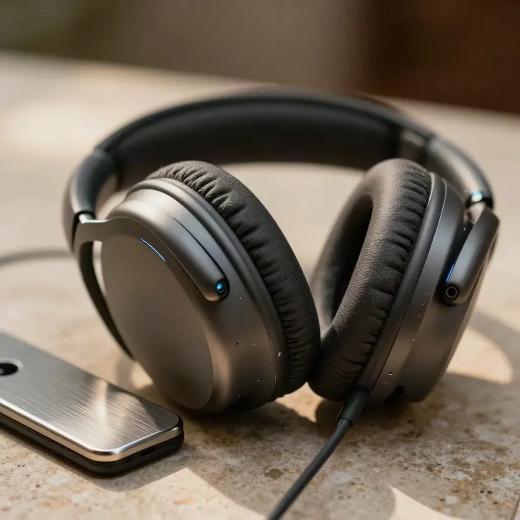 Macro headset with spare ear pads and routing tray on warm stone, dark bokeh