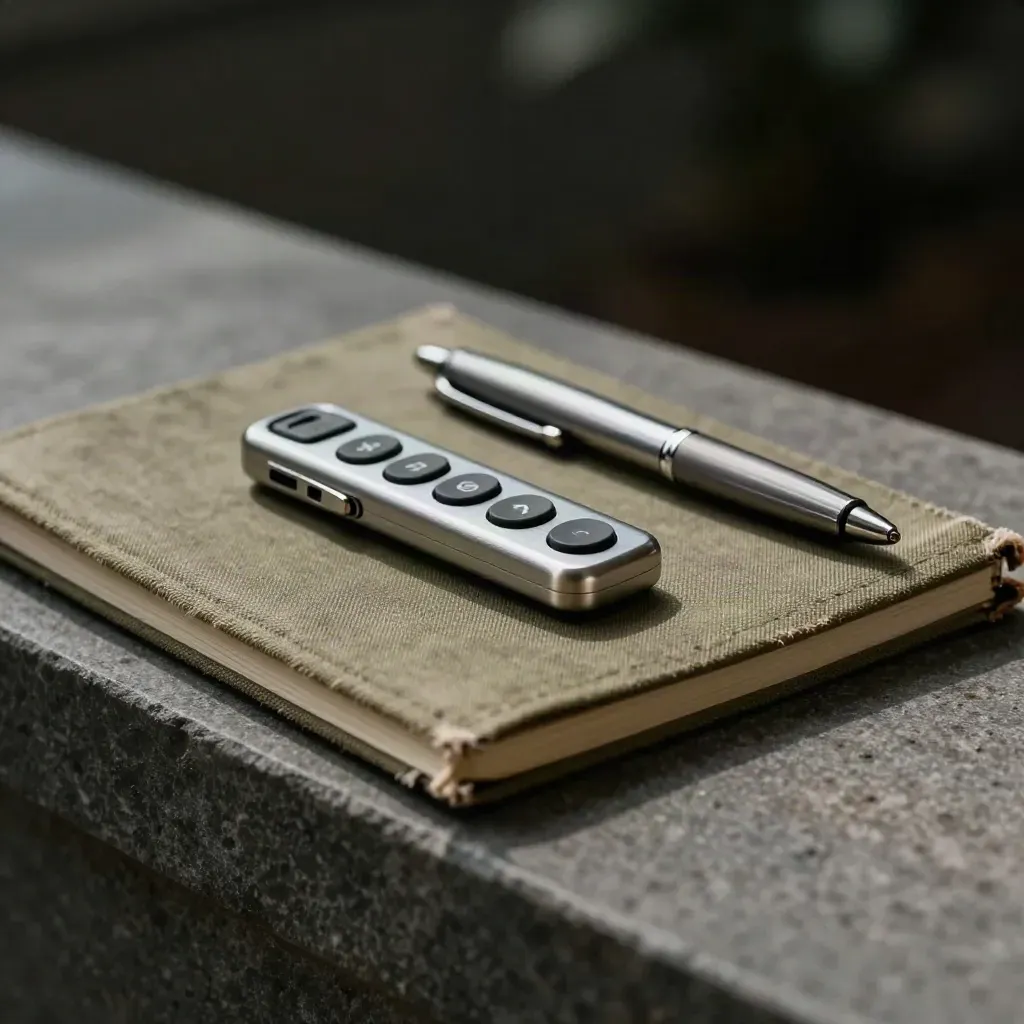 Sales clicker, linen notebook and steel pen on stone with dramatic studio light