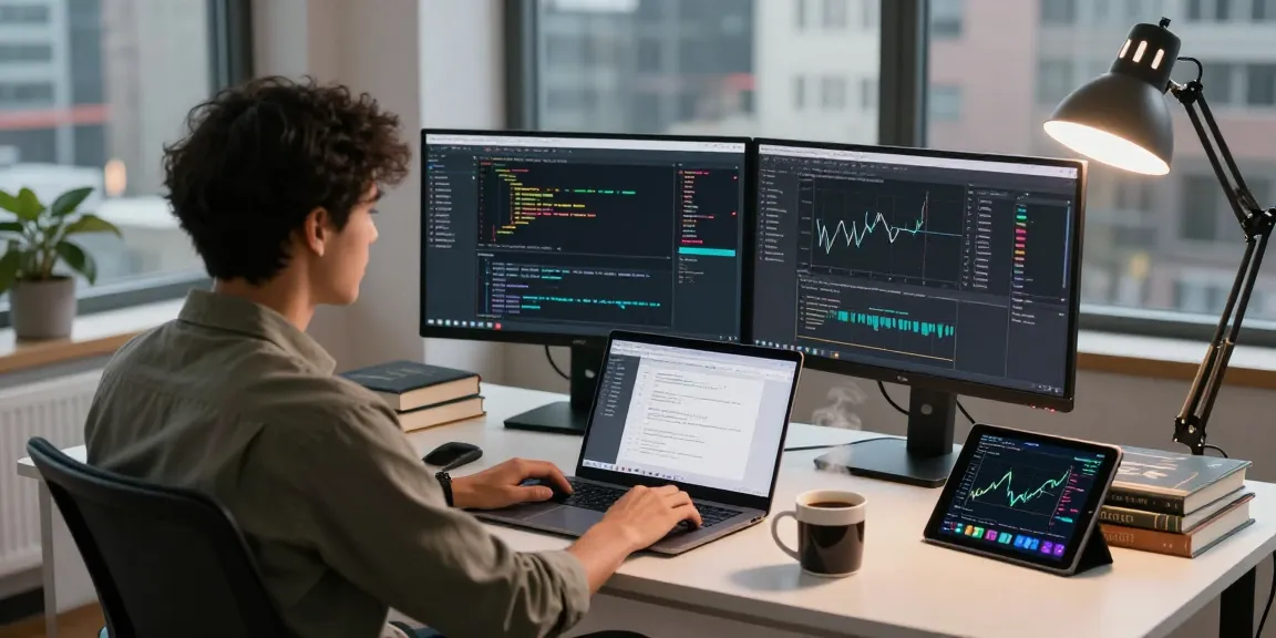 Developer using forex real-time quote API on dual monitors in a modern workspace
