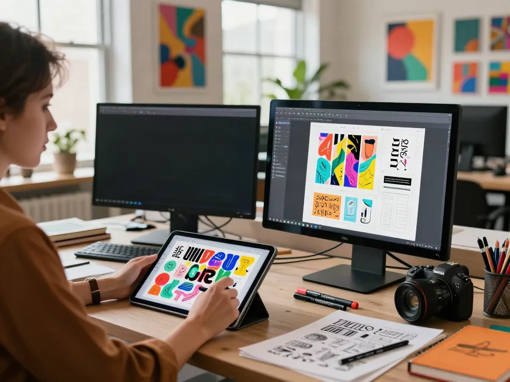 Designer creating innovative typographic designs in a vibrant studio using Typeshutter tools.