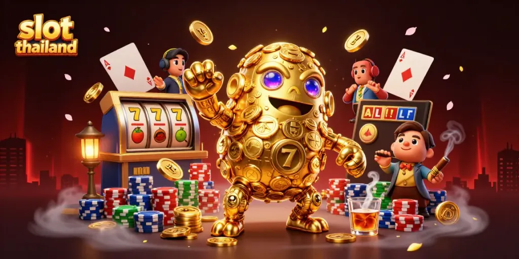 Experience the thrill of slot thailand with a dynamic 3D illustration of a golden golem and slot reels.