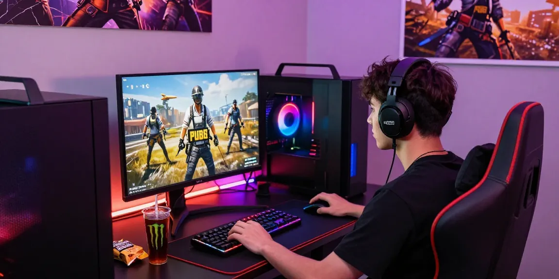 PUBG Cheat scene with a gamer focused on screen in a vibrant gaming setup.