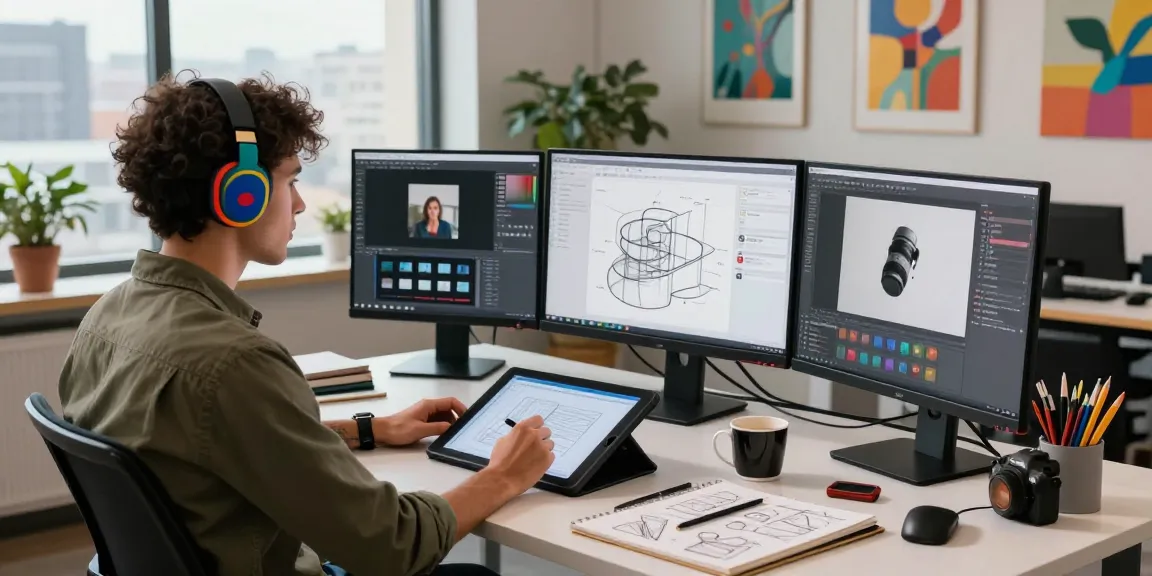Designer creating on a floating display with vibrant studio elements in a creative digital art studio.