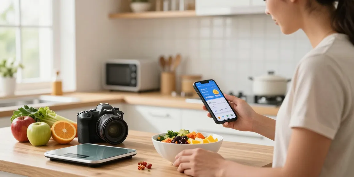 Using the best calorie tracker app for healthy meal preparation in a bright kitchen.